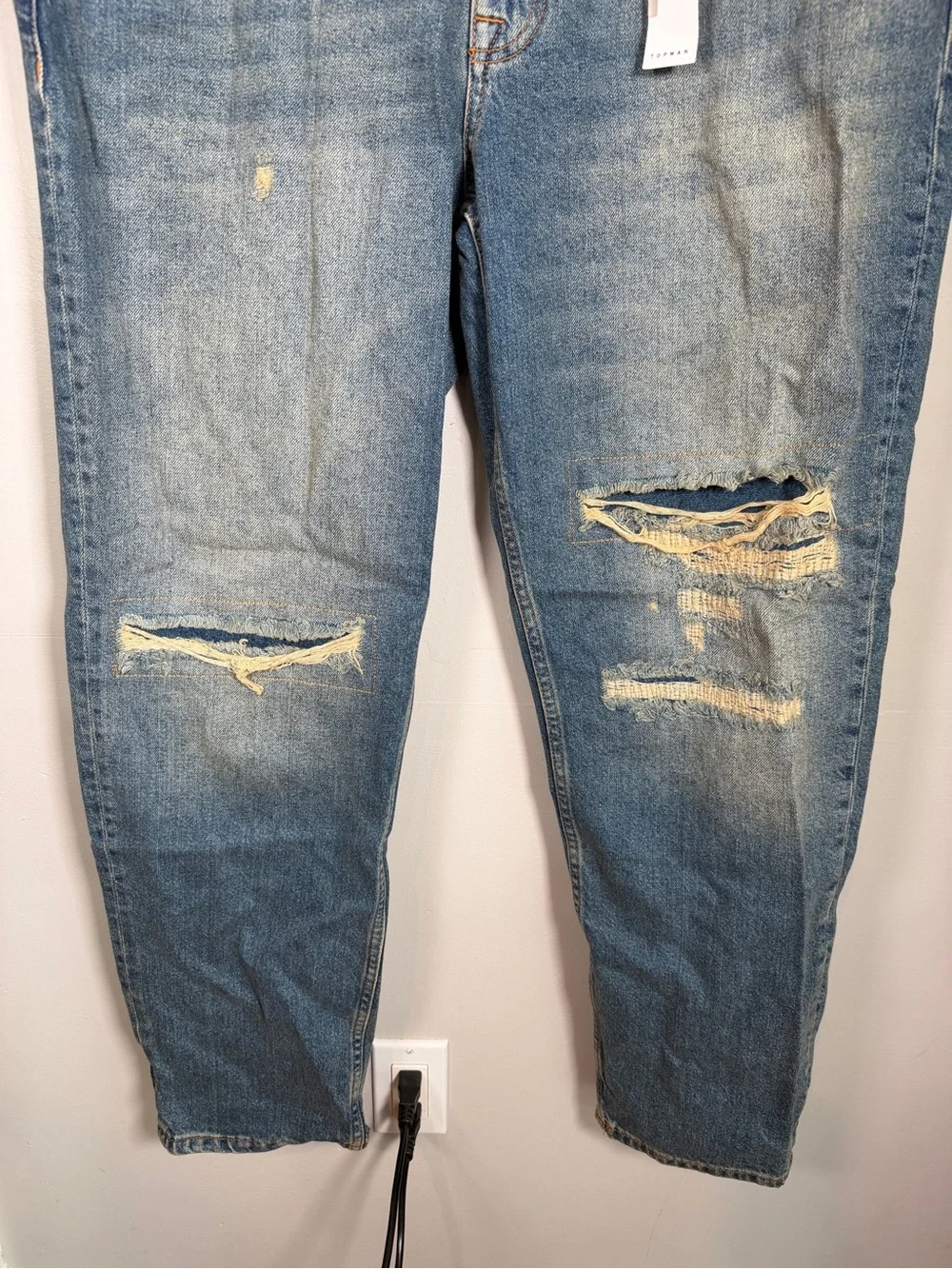 Topman Men's Distressed Relaxed Fit Jeans Blue Medium Wash 36x34 100% Cotton